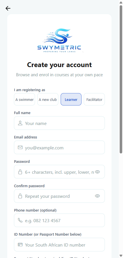 The Swymetric registration screen with Learner selected as the account type