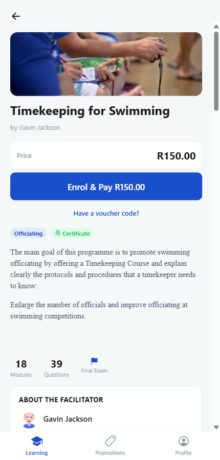A course page with the price and Enrol and Pay button at the top
