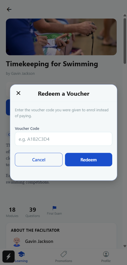 The Redeem a Voucher popup with a code entry field